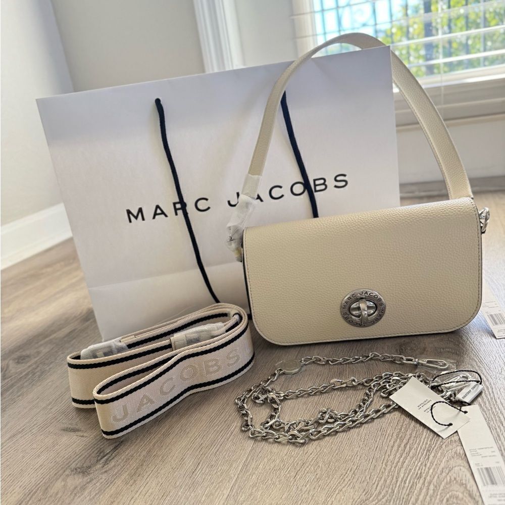 Marc Jacobs The Turn Lock, Logo, Leather Mini Crossbody Bag Marshmallow